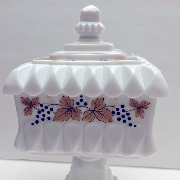 Vintage Milk Glass Large Covered Compote Handpainted Grape Leaves - Picture 3 of 12